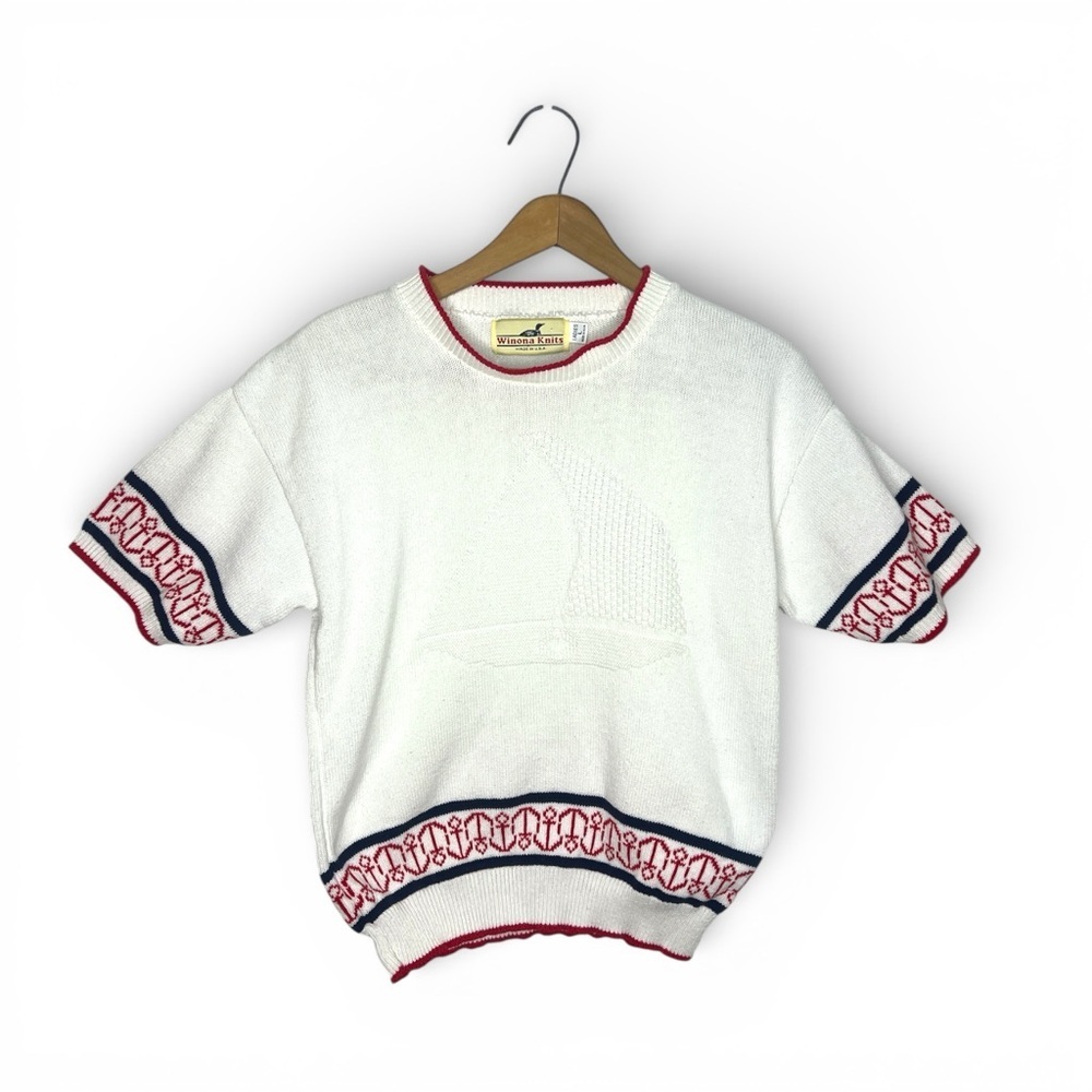 Vintage 70s Winona Knits Nautical Sailor Sweater Short Sleeve USA Retro Knit